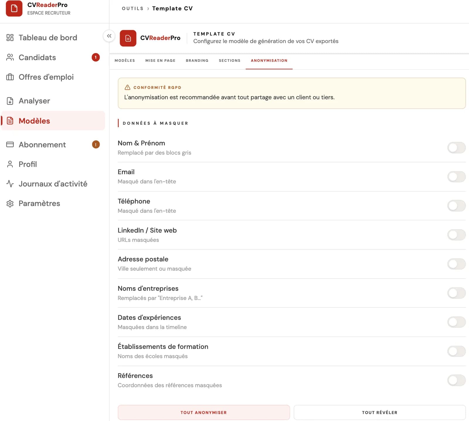 Paramètres d'anonymisation et de protection des données dans CVReaderPro
