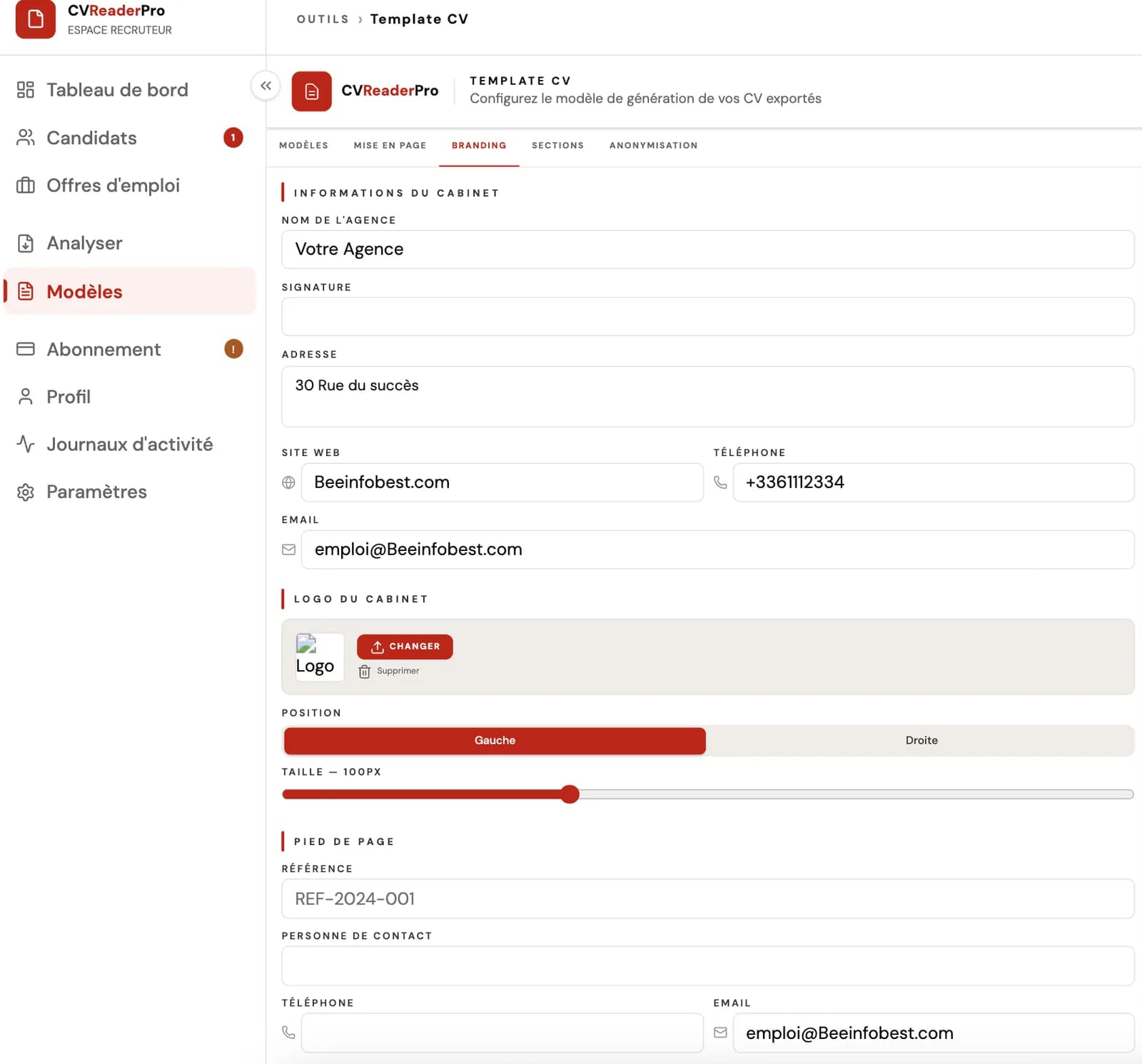 Configuration du branding d'un template CV
