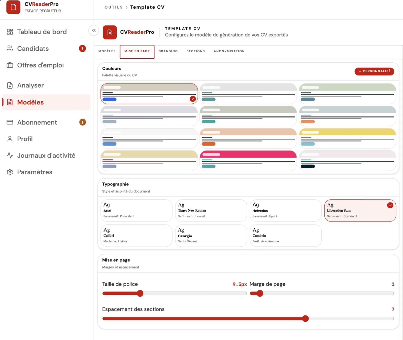 Configuration de la mise en page d'un template CV dans CVReaderPro