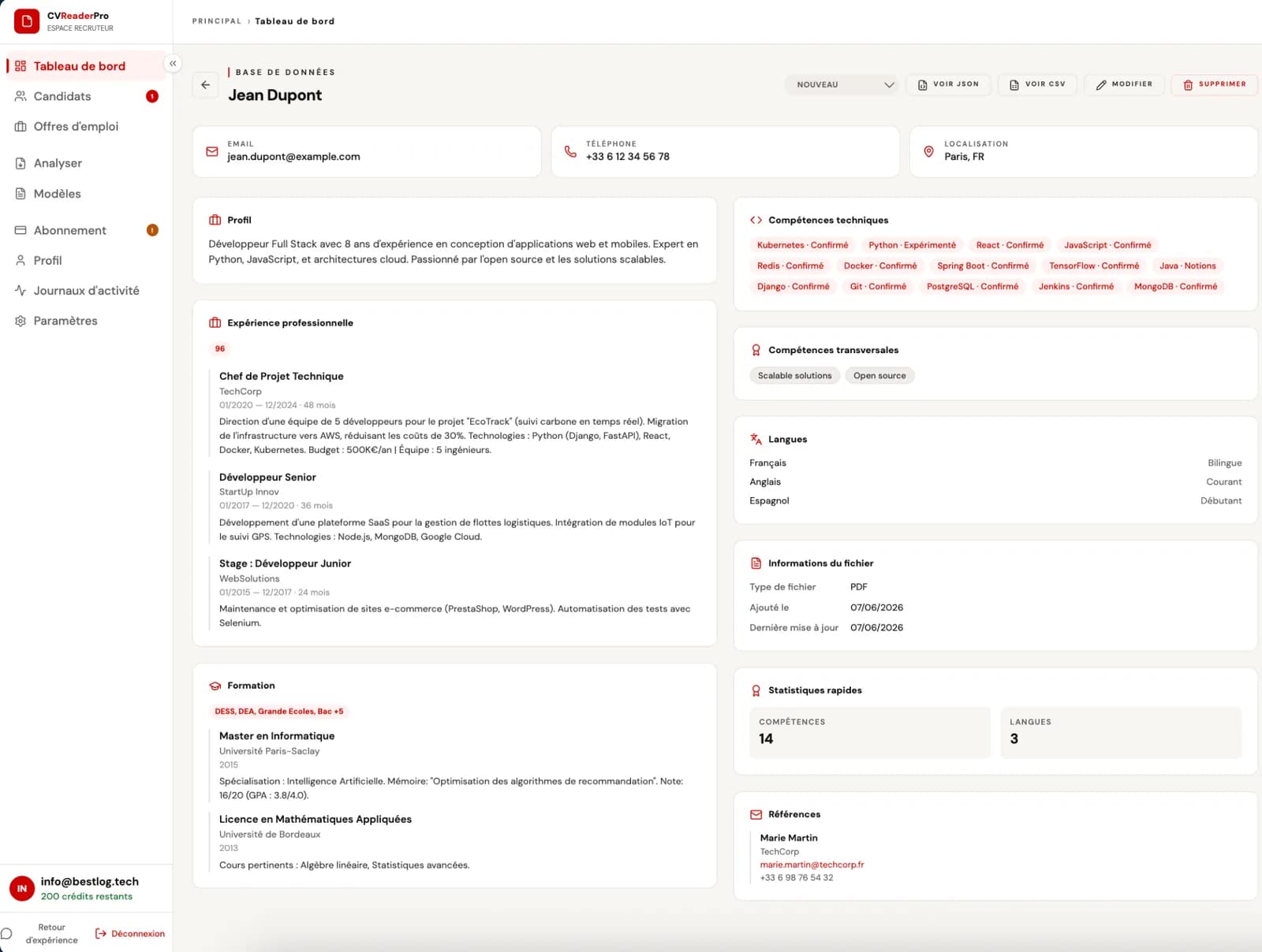Vue détaillée d'un profil candidat structuré par CVReaderPro