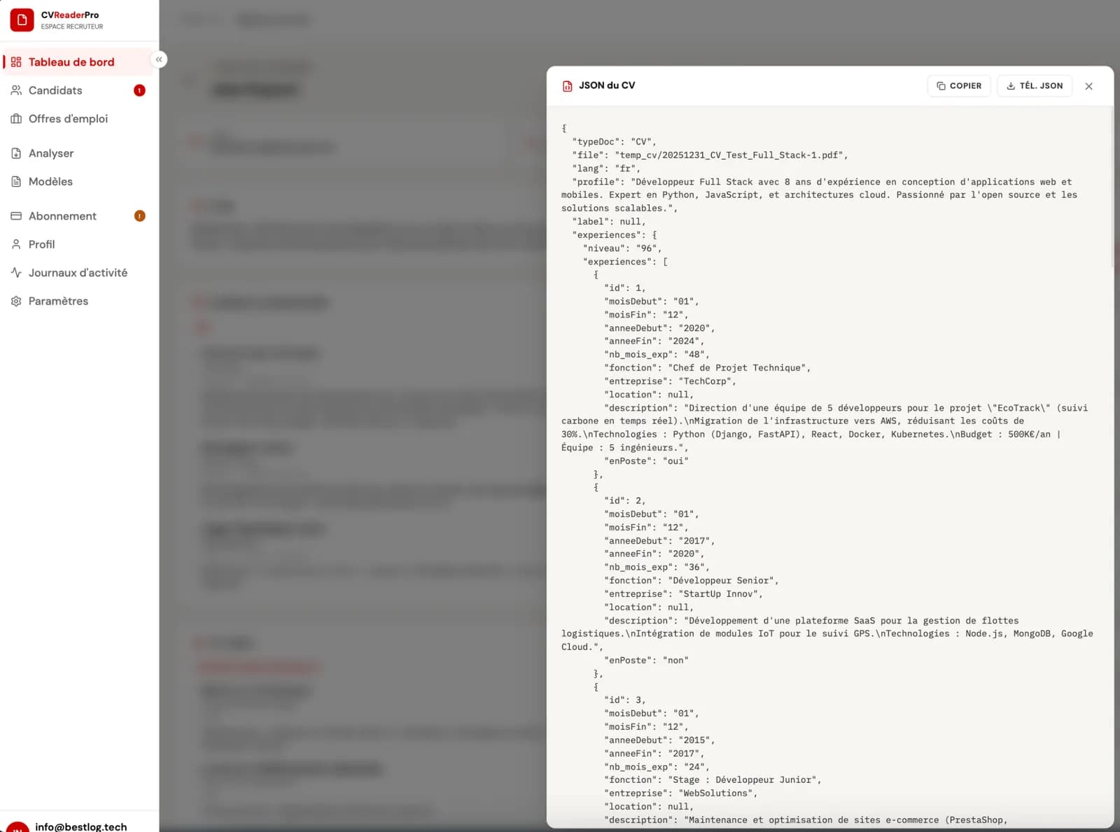 Aperçu du JSON structuré produit par CVReaderPro