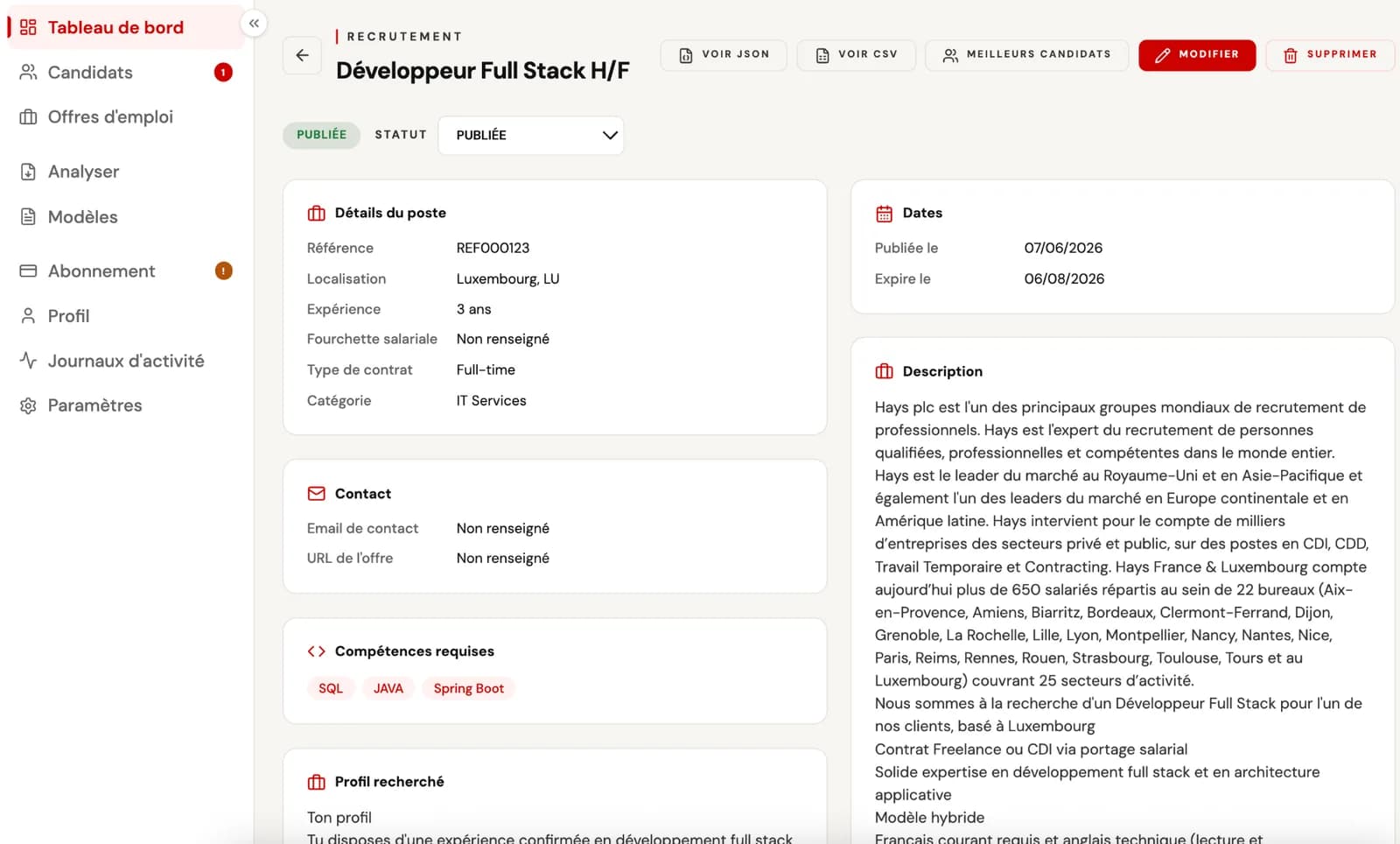 Vue détaillée d'une offre d'emploi analysée