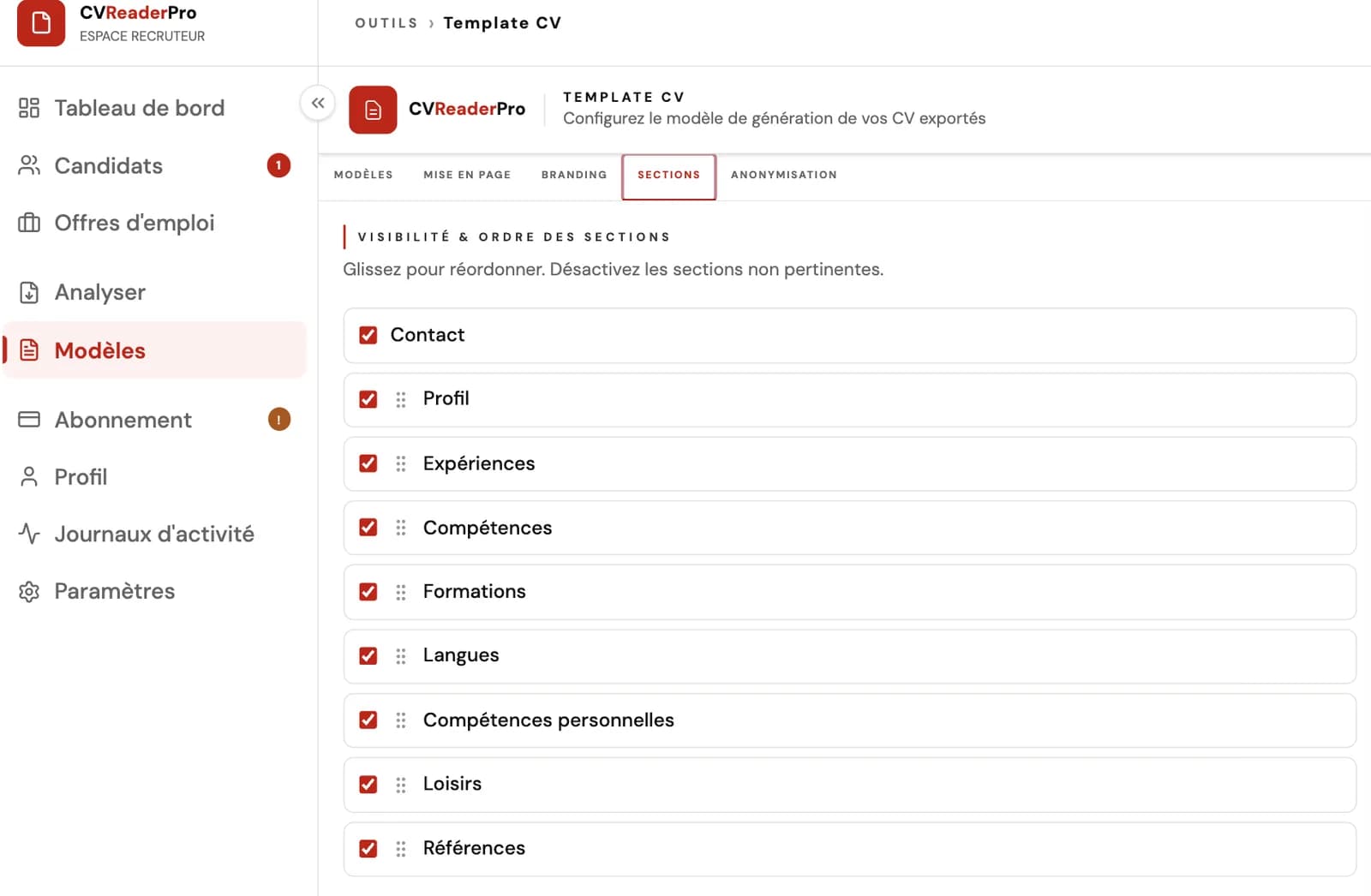 Réglage de la visibilité des sections d'un template CV